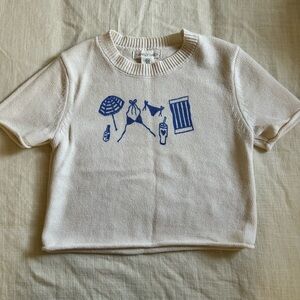 Women's Cream Crop Top with Blue Beach Print